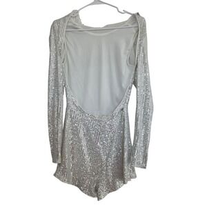 SHEIN BAE White Sequin Long Sleeve Open Back Romper Womens Small NWT